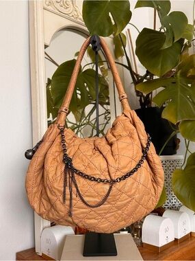 Vintage Y2K Juicy Couture Quilted Tan Shoulder Bag with Black Chain Accent